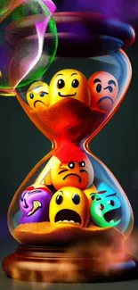 Vibrant hourglass with colorful emojis expressing various emotions.