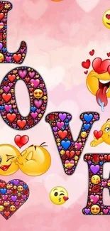 Colorful emoji love wallpaper with hearts.