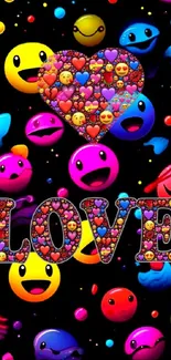 Vibrant mobile wallpaper with emojis and love theme.