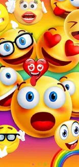 Colorful emoji smiley wallpaper with playful expressions and rainbow hues.