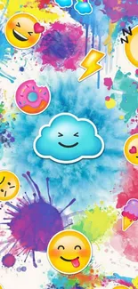 Colorful emoji wallpaper with vibrant splashes and fun smiley faces.