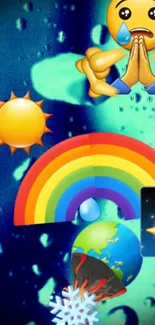 Colorful mobile wallpaper with various emojis on a blue background.