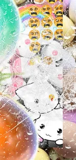 Colorful mobile wallpaper with emojis, pastel eggs, and a shattered glass effect.