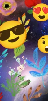 Colorful emojis and flowers on a galaxy background.