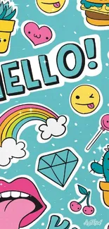 Playful emoji wallpaper with colorful graphics on teal background.