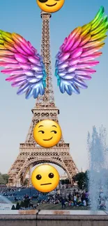 Creative emojis with wings above the Eiffel Tower, blending art and architecture.