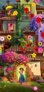 Vibrant enchanted house wallpaper with colorful elements.