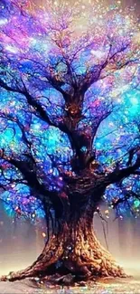 Vibrant fantasy tree with glowing branches, rich in radiant colors.