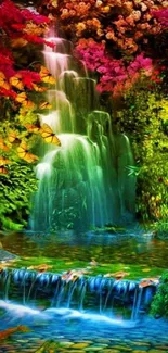 Enchanted waterfall with vibrant colors, lush greenery, and serene water flow.