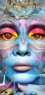 Ethereal face art in vibrant colors and intricate design.