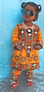 Child in vibrant ethnic attire with blue background.