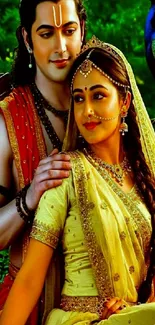 Traditional couple in vibrant setting with greenery.