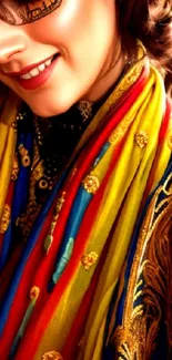 Colorful ethnic scarf with intricate patterns.