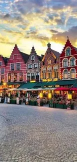 Vibrant European street at sunset, colorful buildings and a picturesque sky.