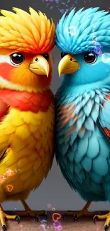 Two colorful birds with orange and blue feathers sit closely together.