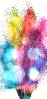 Vibrant explosion of rainbow colors from a brush on white background wallpaper.