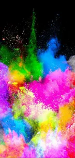 Vibrant and colorful paint explosion on a black background, mobile wallpaper.