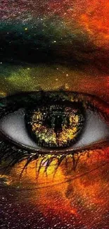 Vibrant eye with red and green colors in abstract art wallpaper.