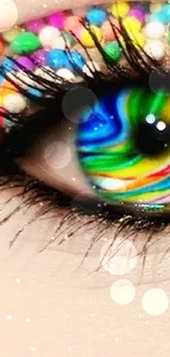 Close-up of a colorful eye with rainbow swirl and beads on skin.