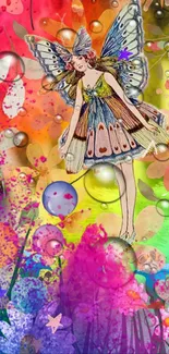 Whimsical fairy in a colorful, abstract garden scene.