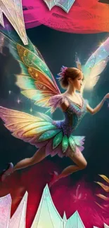 Colorful fairy flying in a whimsical fantasy art scene.