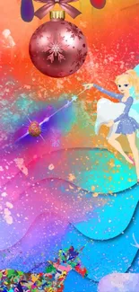 A vibrant fairy with wings waves a wand in a colorful fantasy scene.