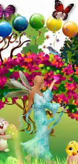 Magical fairy in vibrant garden with balloons and butterflies.