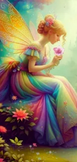 A colorful fairy sits in an enchanted garden with vibrant flowers and a rainbow dress.