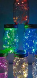 Mason jars with colorful LED lights glowing in dark.