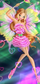 Vibrant fairy in pink and green with wings, set in a fantasy background.