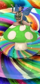 Fairy on a mushroom amidst colorful swirl background.