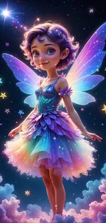 A colorful fairy with rainbow wings in a starry night sky, surrounded by clouds.