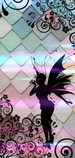 Silhouette of fairy on colorful, tiled wallpaper with floral swirls.