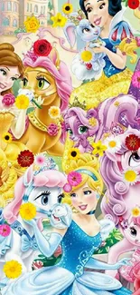 Vibrant wallpaper with princesses and animal friends set in a fairy tale land.