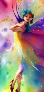 Vibrant watercolor fairy artwork with colorful wings and ethereal charm.