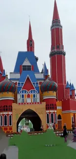 Colorful fairytale castle with dramatic red spires and intricate design.