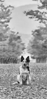 Autumn forest path with colorful leaves and a black and white dog centered.