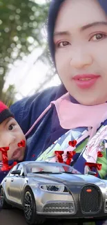 Mother and child with floral fashion and luxury car overlay.