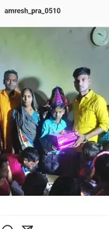 Family gathered for a joyful celebration with colorful outfits and gifts.