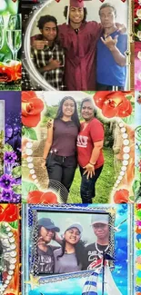 Colorful family collage wallpaper with floral borders and happy moments.