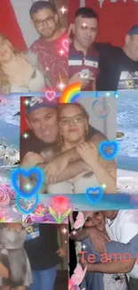 Colorful family collage wallpaper with hearts and beach scene.