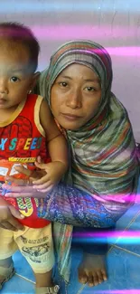 Colorful wallpaper featuring a mother and child on a vibrant, tiled floor.