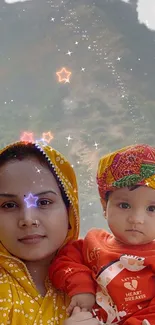 Mother and child with starry mountain background, colorful and heartwarming.