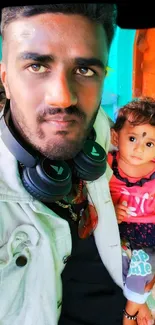 Father and child in a colorful setting, wearing casual clothes, with headphones.