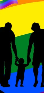 Family silhouette on rainbow background with flag.