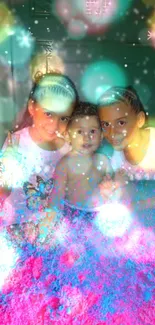 Vibrant sparkling wallpaper with children and colorful effects.