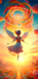 Fantasy angel flying in a colorful candy landscape.