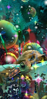 Vibrant fantasy wallpaper with bubbles and animals.