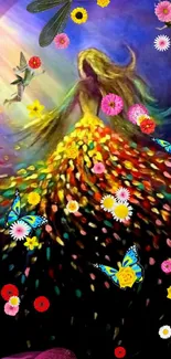 Fantasy art wallpaper with colorful flowers and butterflies.