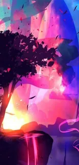 Vibrant fantasy wallpaper with colorful landscape and mystical elements.